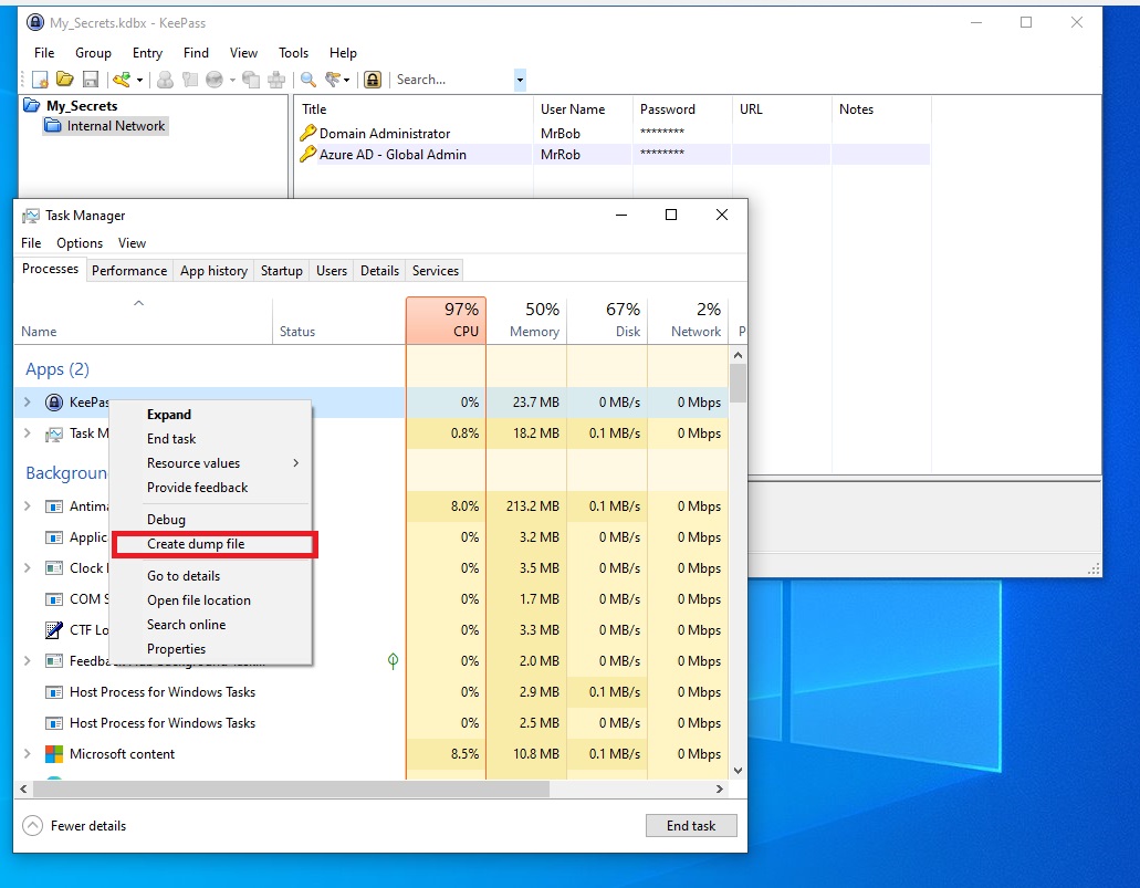 Screenshot showing the KeePass process within a Windows Task Manager.  The user has right-clicked on the process and selected "Create dump file"