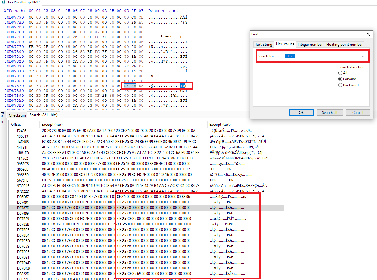 KeePass Dump.DMP has been opened in the HxD and a search for CF 25 shows characters in memory corresponding to characters of the password entered to unlock the database