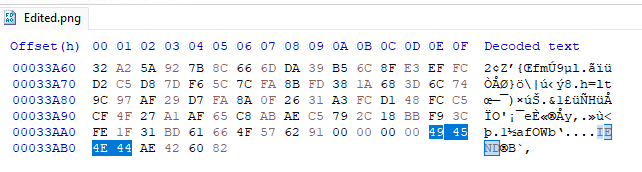 Hex editor window with an open png file, showing the IEND marker as expected at the end of the file, without trailing data.