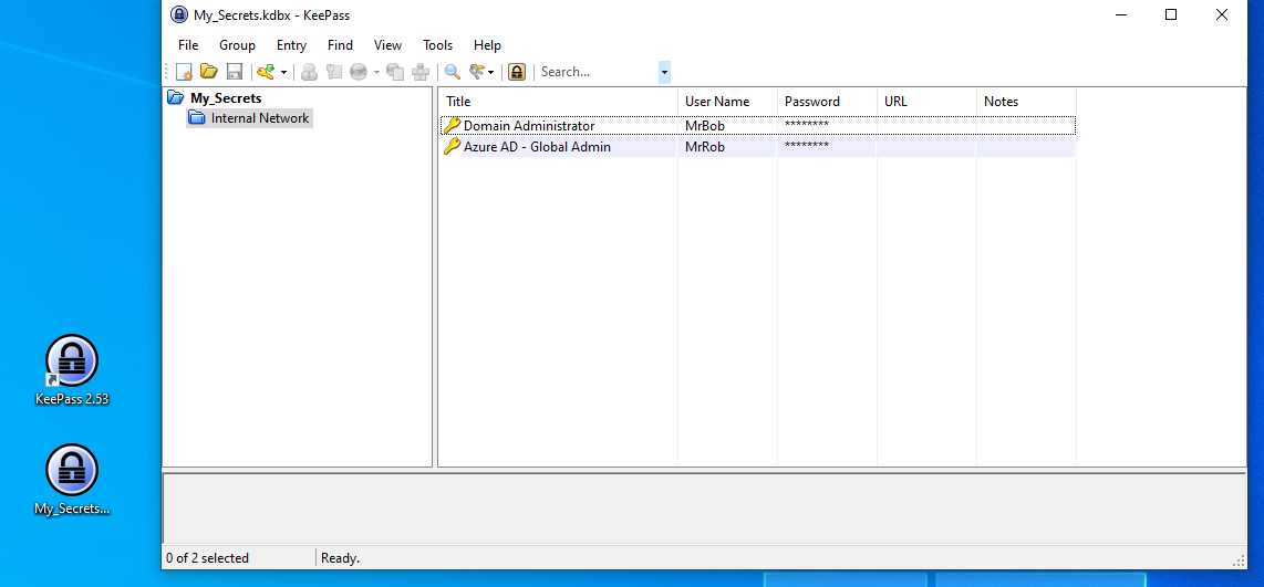 Screenshot showing a Windows desktop, with a KeePass file - Mu_Secrets.kbdz - opened and unlocked.