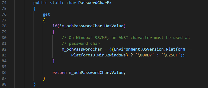 Screenshot shows the source code of the PasswordCharEx function from the vulnerable KeePass version