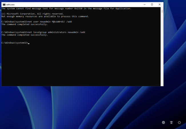 Pre-login Windows 11 desktop screen with a SYSTEM-level command prompt.  Commands run are: net user newadmin [password] /add,  followed by, net localgroup administrators newadmin /add