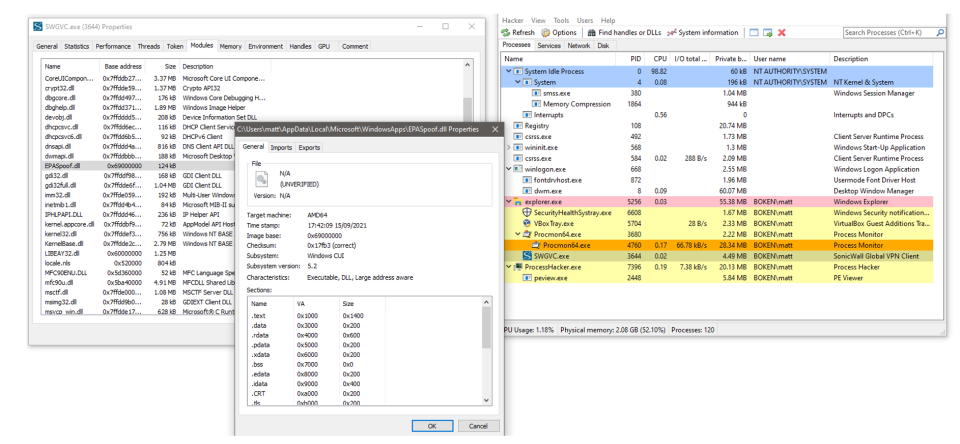 Screenshot that shows that the DLL is found by the process and is loaded as a module.